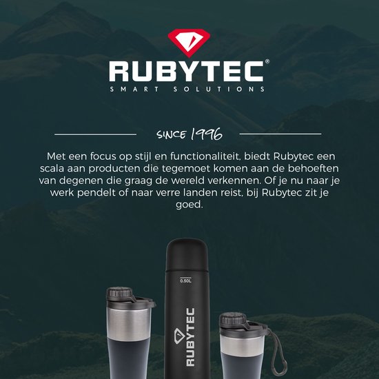 Drie Rubytec mokken in het zwart, zilver en groen.