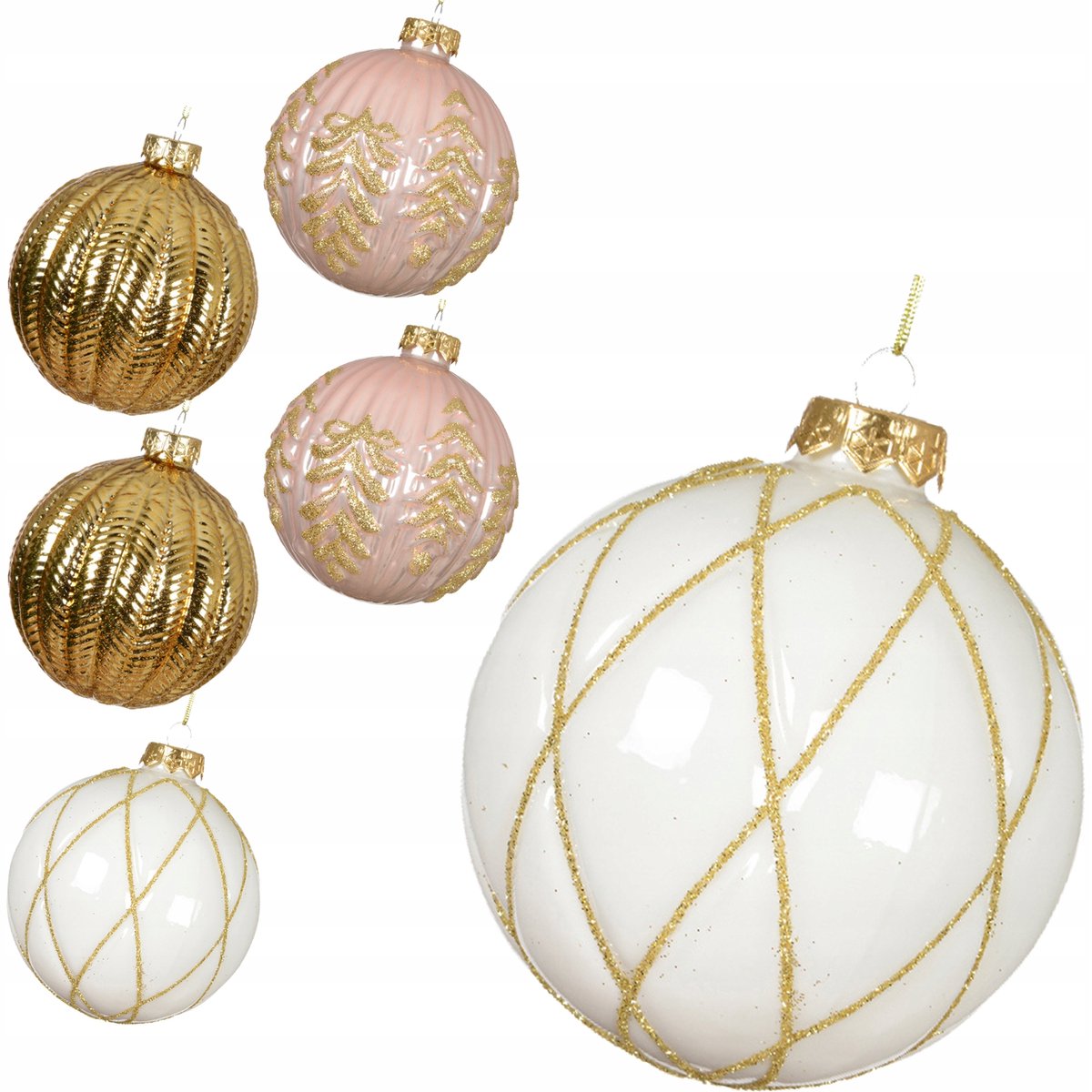 Grote Glazen Kerstballen 10cm Rosé Goud Wit - Set van 6