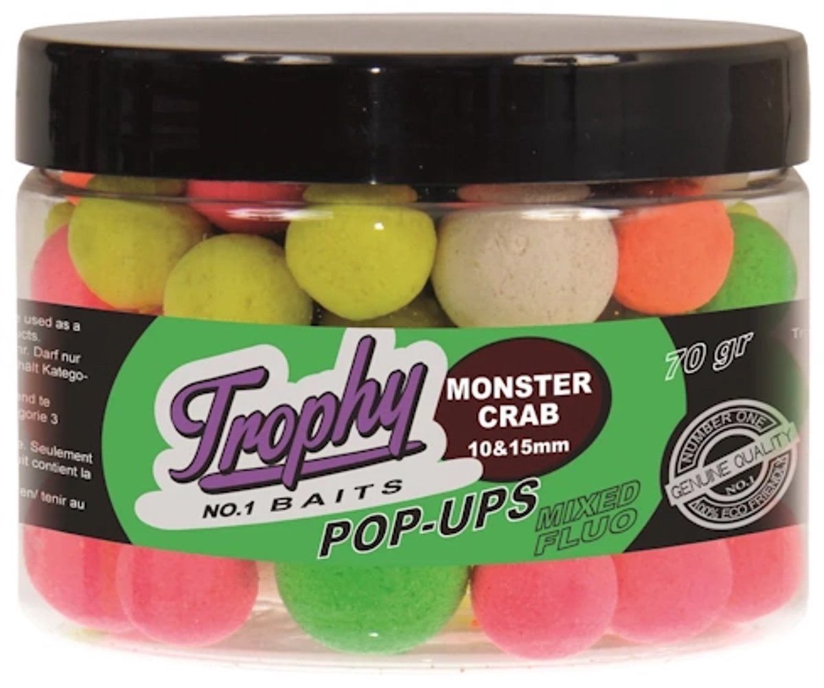Trophy Baits Pop-Up Boilies Monstercrab 10/15MM 70g - opvallende fluo boilies met sterke krabgeur en hoog drijfvermogen