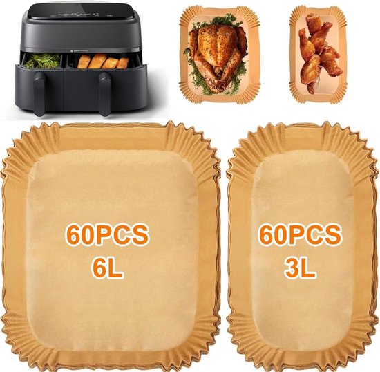 Kraftverdia - Bakpapier airfryer - Bakpapiervellen - Geschikt voor Philips Dual Basket Airfryer 3000-serie en 5000-serie (6L/3L) – modellen NA350/300 en NA550/500 - 120 Stuks - Airfryer Wegwerpbakjes - Geschikt voor Philips 9L heteluchtfriteuse