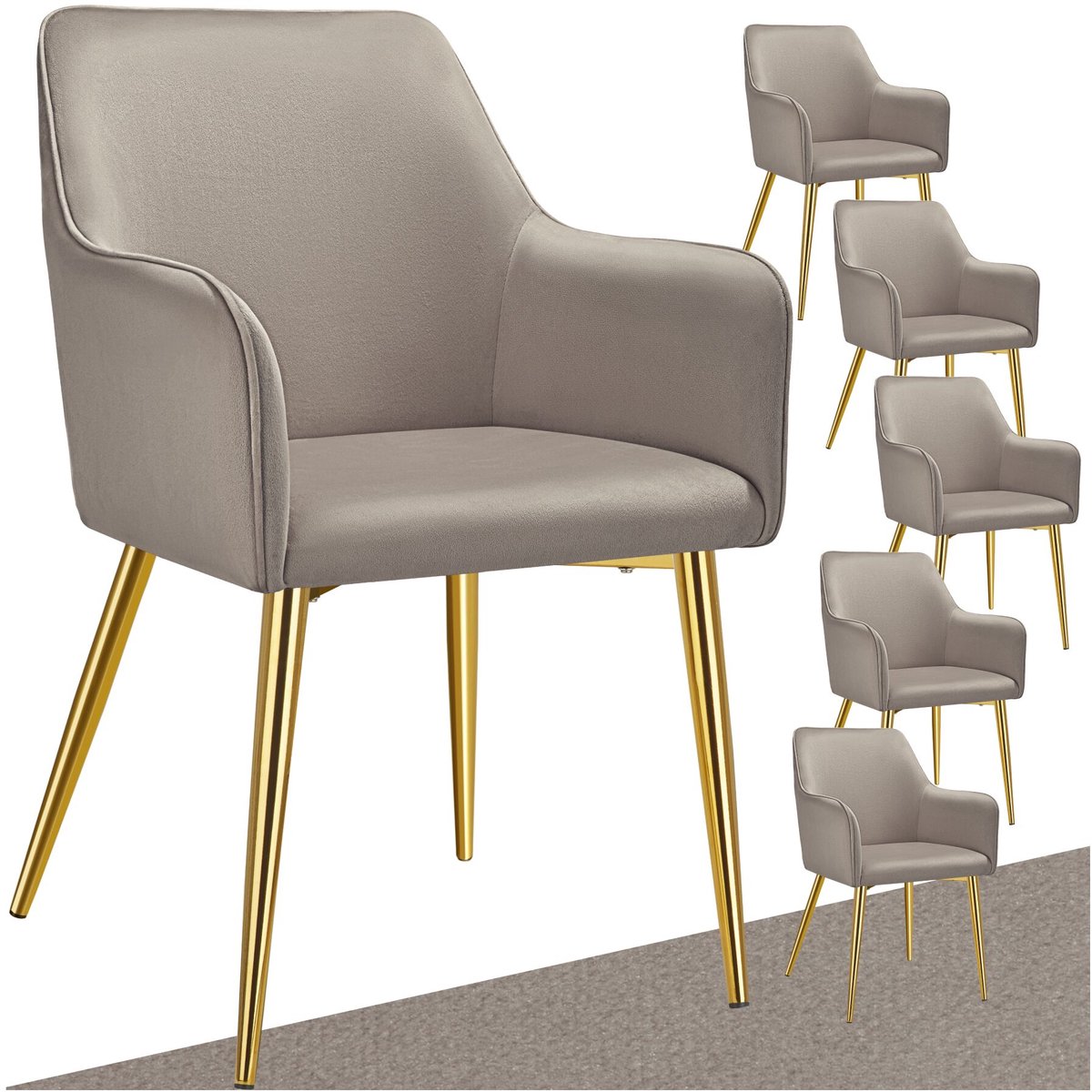 Tectake Eetkamerstoel Avane - Fluweellook - Gestoffeerde stoel met ergonomische armleuningen - Slanke stalen gouden poten - Draagkracht 120 kg - Comfortabele eetkamer- en keukenstoel - Set van 6 - Taupe