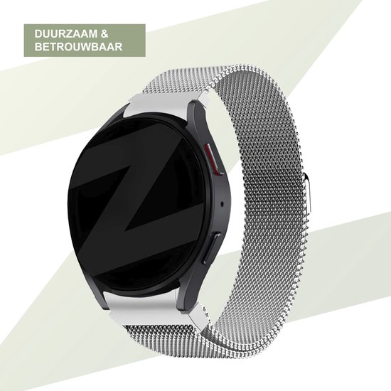 Bracelet de montre milanais argenté avec fermeture magnétique autour d'une montre connectée noire, avec le texte 'Durable & fiable'.