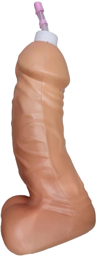 Bruine drinkfles in de vorm van een penis, 26 cm lang, met een roze rietje.