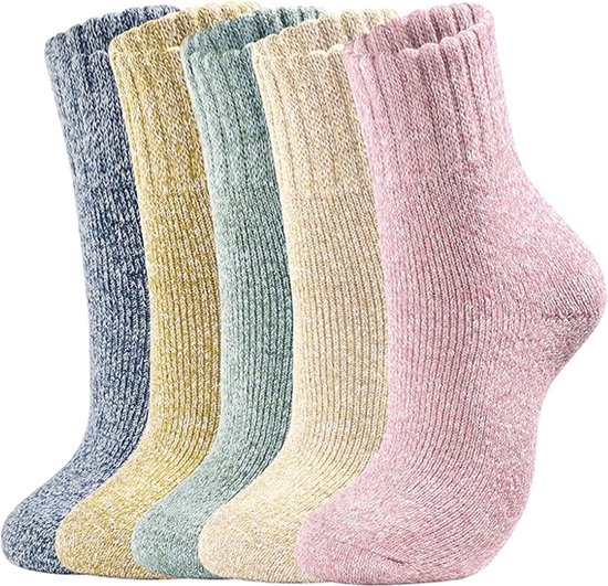 Lot de 5 paires de chaussettes thermiques épaisses en laine pour femme - Extra chaudes et respirantes - Modèle unisexe extensible - Semelle antidérapante - Couleur claire