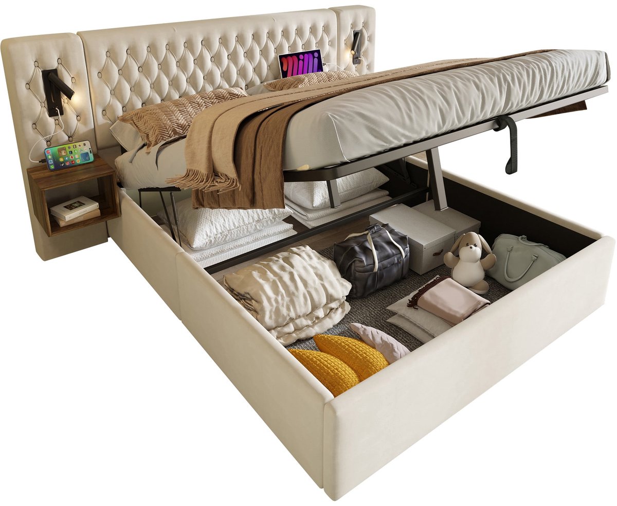 Merax Complete Slaapkamer Set - Gestoffeerd Bed 160x200 cm - Hydraulisch Opbergbed met 2 Nachtkastjes - Hoofdbord met Leeslamp en USB Type-C Oplaadfunctie - Inclusief Matras - Beige Fluweel