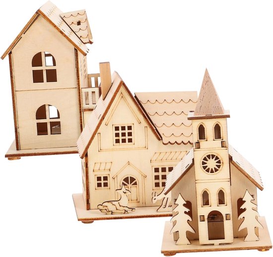 LED Kersthuis - Verlichte Houten Huisjes - 3 Stuks Kerst Village Huizen - Winterdorp Kerststad met Lichten - Miniatuur Huisdecoratie - Xmas Decoratief Object