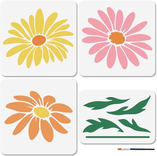 4pcs Large Daisies Stencils - Reusable Spring Flowers Stencil for Painting - Art Craft Templates with Paint Brush for Window Wooden Wall Home Gift Decor