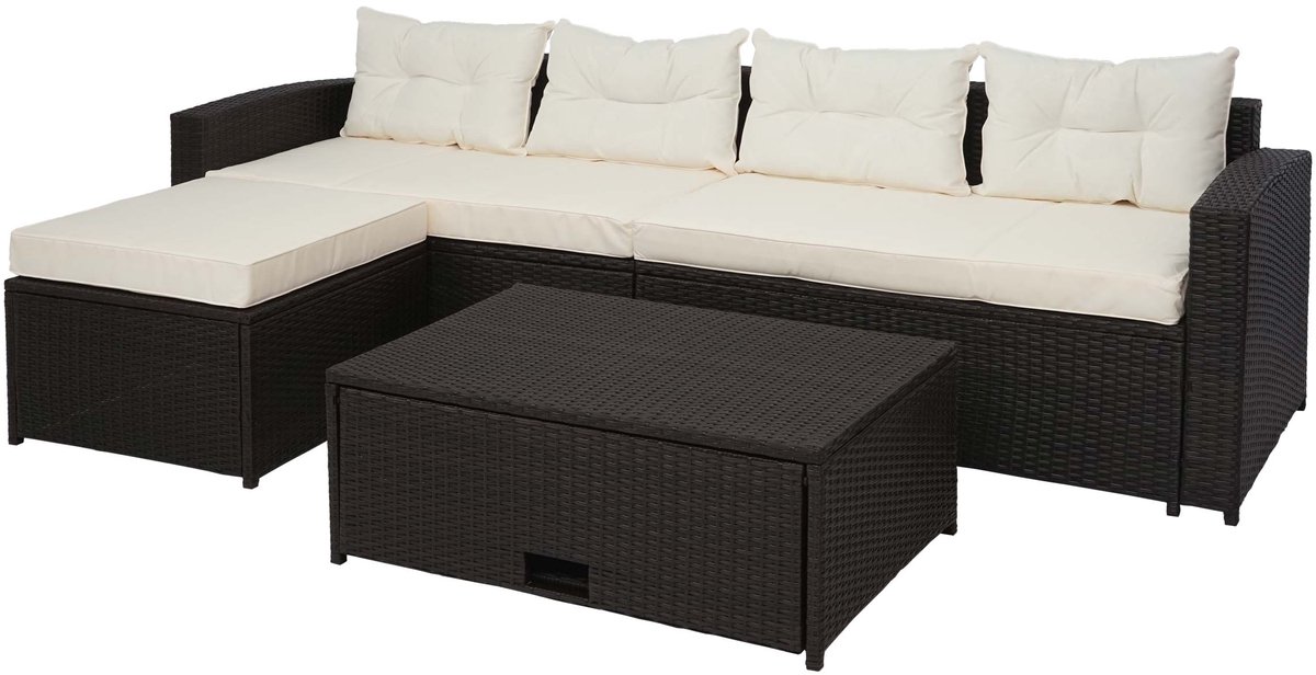 MCW Poly-rattan set MCW-J34, balkon/tuin/lounge set Sofa, opbergvak ~ bruin, kussens crème-beige