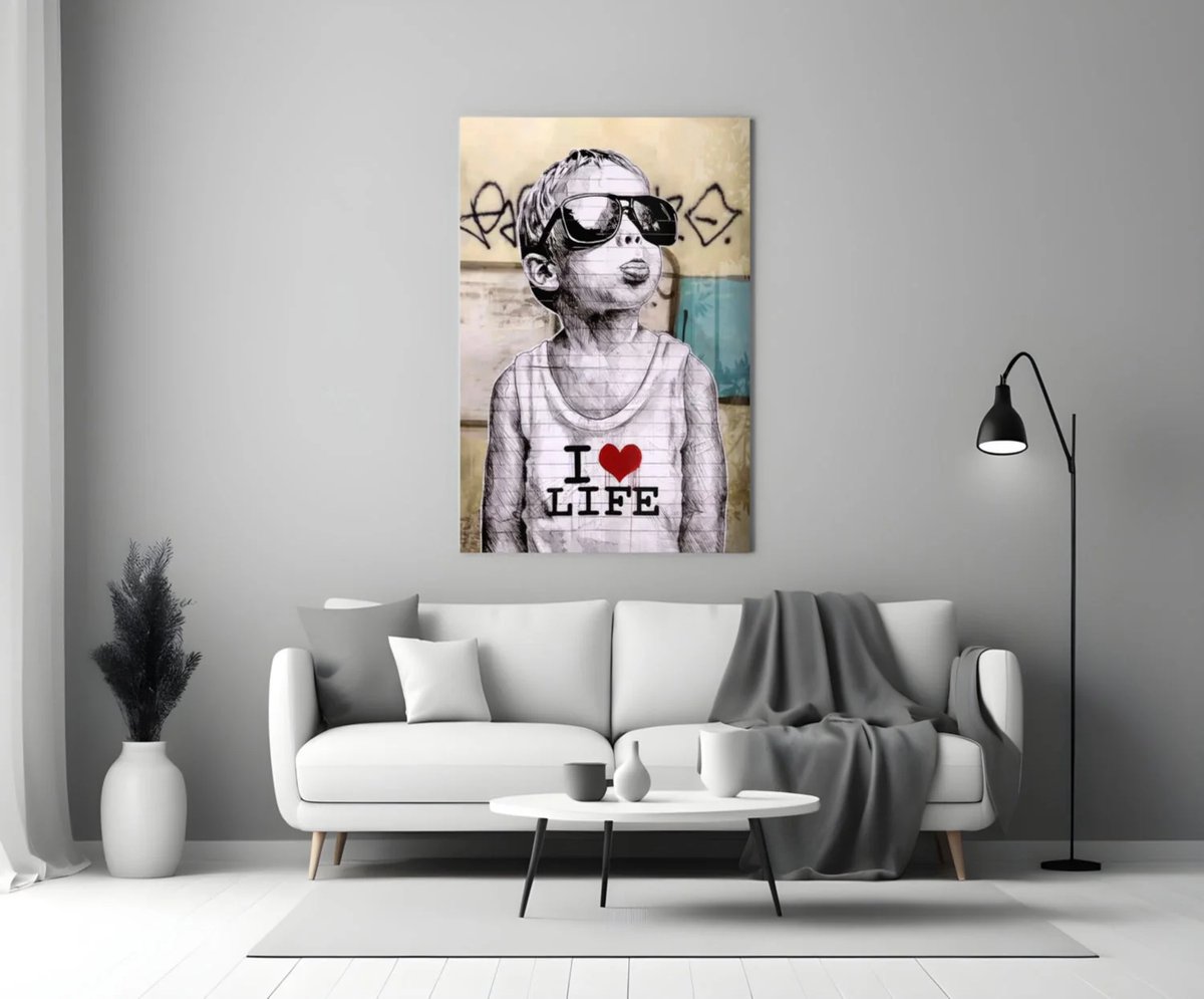 Insigne Art Glasschilderij – I Love Life Street Art – Moderne Urban Wanddecoratie - 72x46 cm Kleurrijk