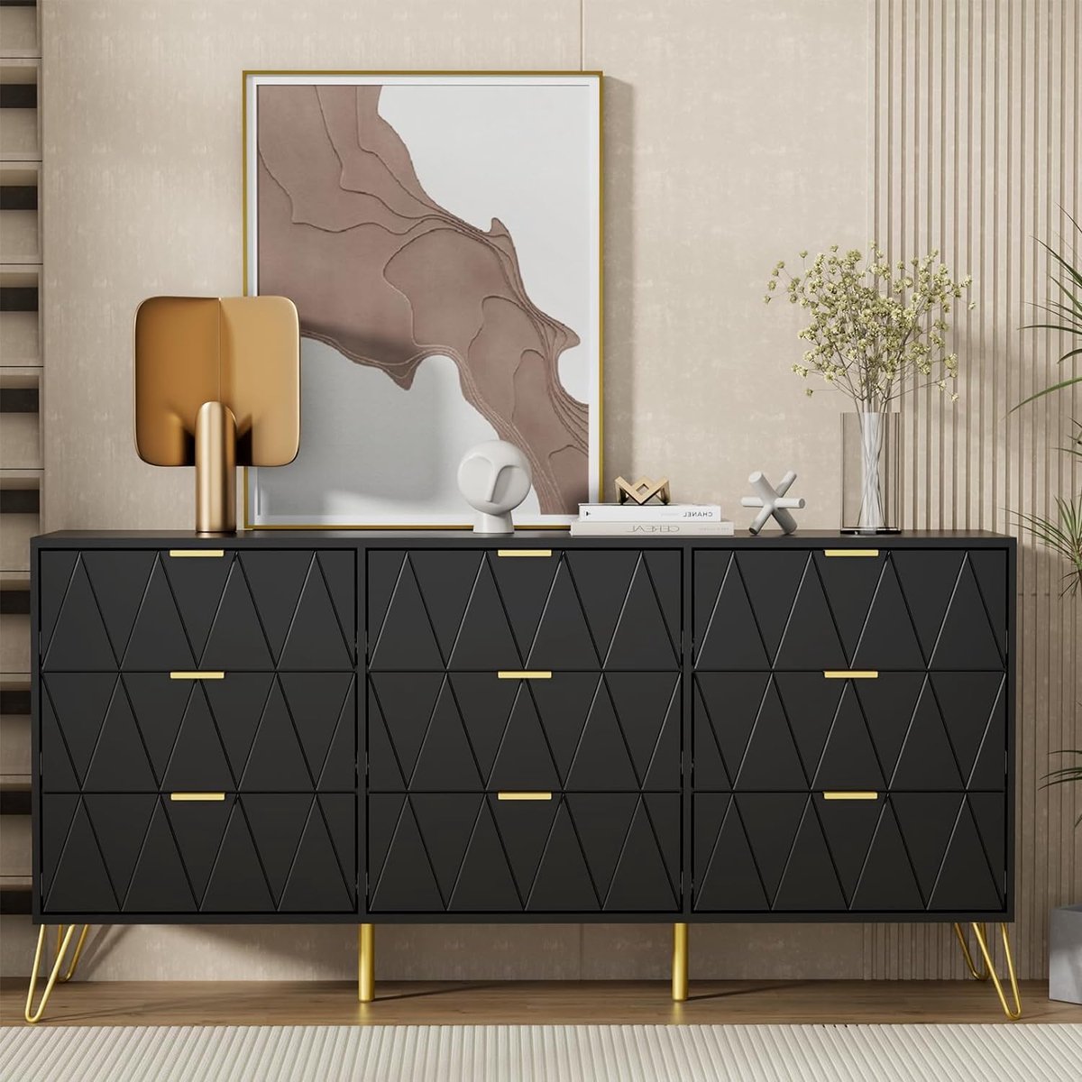 UEV ladekast met 9 laden, 150 cm, opbergmeubel voor in de slaapkamer, lijnenpatroon, Scandinavische stijl, goudkleurige handgrepen en poten, voor woonkamer, slaapkamer, kantoor, 150 x 34 x 74 cm, Zwart