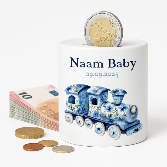Wit spaarvarken met blauw bloemen treintje, gepersonaliseerd met 'Naam Baby' en datum.