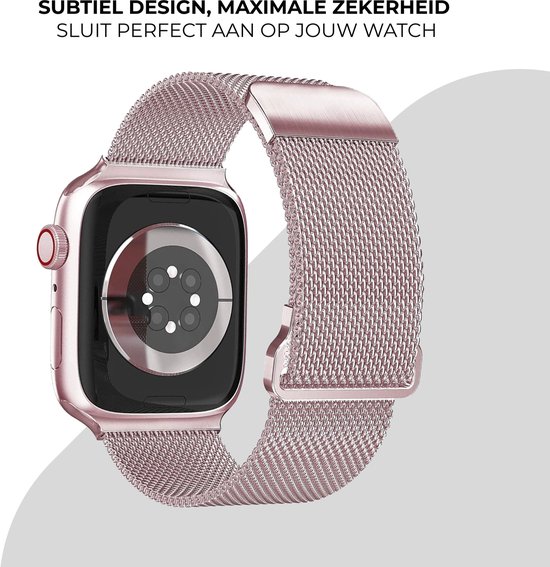 Achterkant van een rose gouden horloge met rose gouden mesh bandje. Subtiel design, maximale zekerheid, sluit perfect aan op jouw watch.
