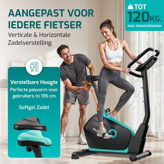 Man en vrouw op een zwarte en teal FITAGE hometrainer. Inzetstuk toont verstelbaar zadel en zachte zadelopties.