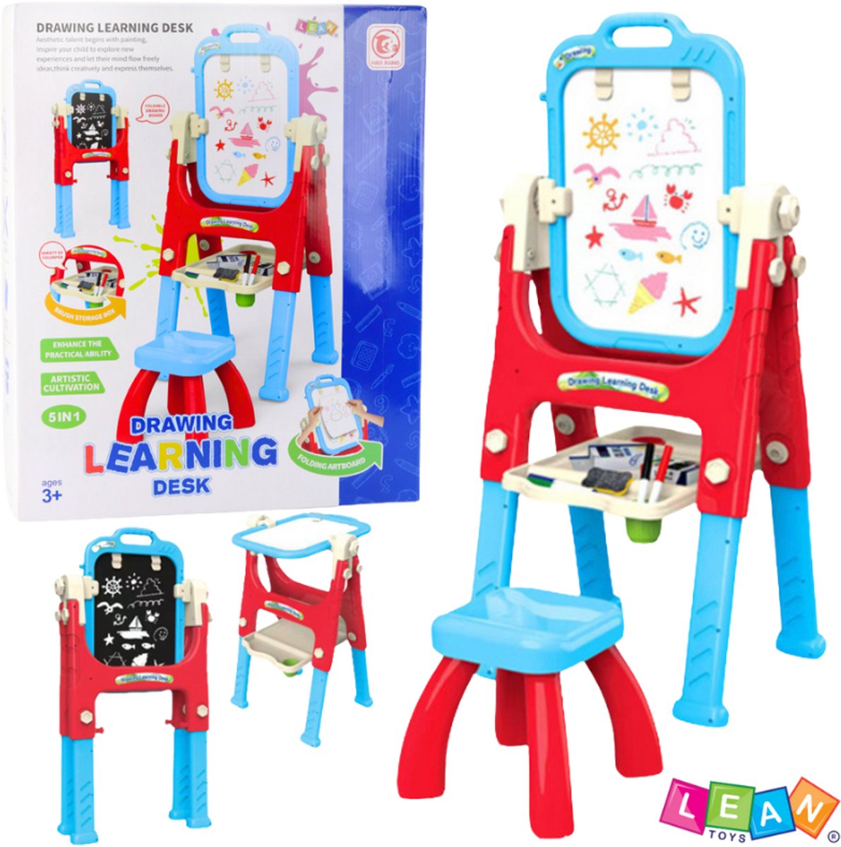 LeanToys – 5-in-1 Educatief Teken- & Leerbureau met Stoel voor Kinderen – Krijtbord, Whiteboard, Bureau, & Organizer – Verstelbare Hoogte & Hoek – Inclusief Markers, Krijt,, Papier, Spons & Accessoirehouder – Educatief Speelgoed + Gratis E-Book