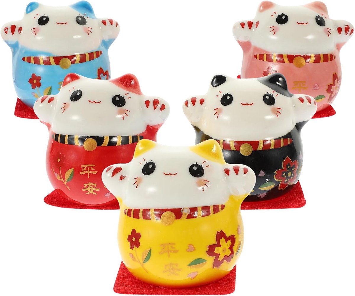 5 stuks kat geluk keramische figuren Chinese geluk kat veilig rijke kat decoratie mini Maneki Neko decoratie voor de kamer auto cadeau