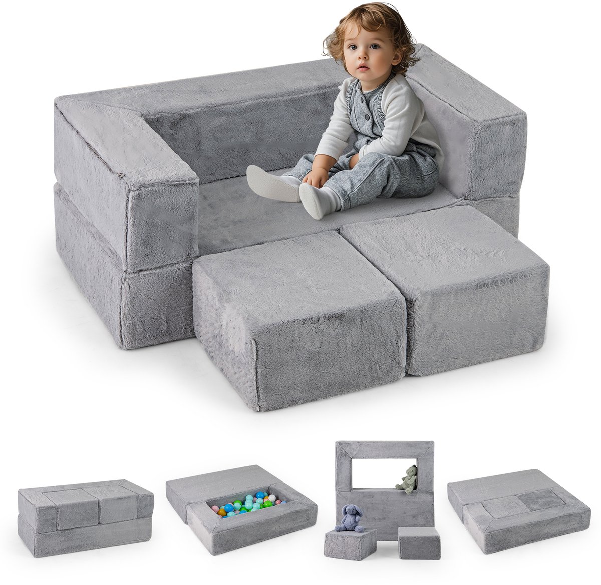 COSTWAY Modulaire kinderbank, speelbank van schuim met afneembare pluche hoes, uitklapbare modulaire bank voor jongens en meisjes, kinderstoel voor speelkamer, slaapkamer, kinderkamer