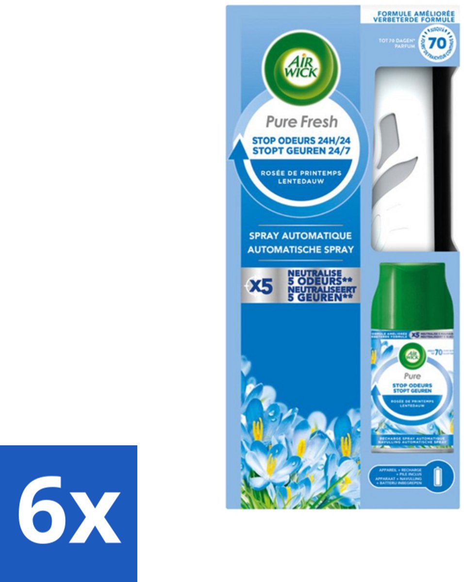 6 x Air Wick - Freshmatic Spray - Starterkit - Pure Fresh Lentedauw - 250 ml - Luchtverfrisser - Geur - Air Wick - Freshmatic - Lentedauw