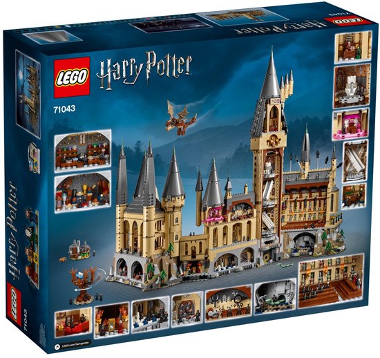 Doos LEGO Harry Potter Zweinstein Kasteel 71043 met diverse details van de set.