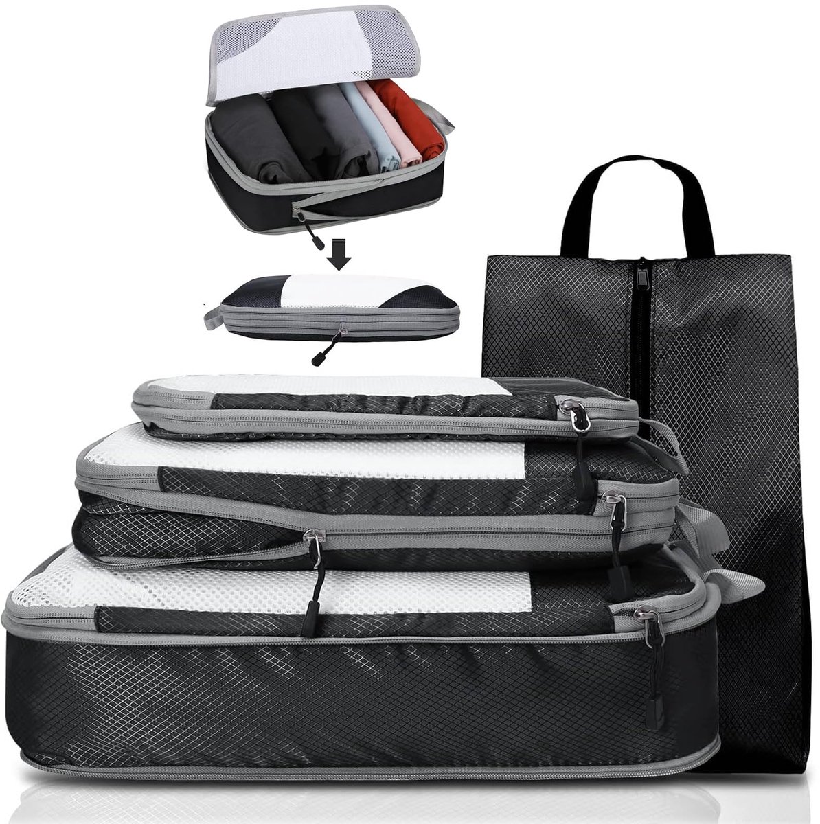 Azomor® Set van vier lichte en compacte compressiezakken voor georganiseerde reizen