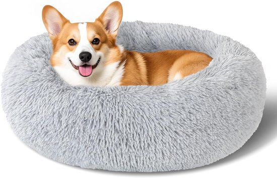 Pawello Kalmerend Donut Hondenmand M (60 cm) – Fluffy Anti-Stress Bed – Comfortabel & Orthopedisch Huisdierkussen – Light Grey