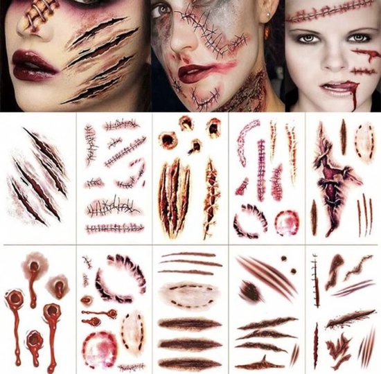 Halloween tattoo - Gezicht tattoo - Nep tattoo - Nep bloed - Fake blood - Litteken - Plak tattoo