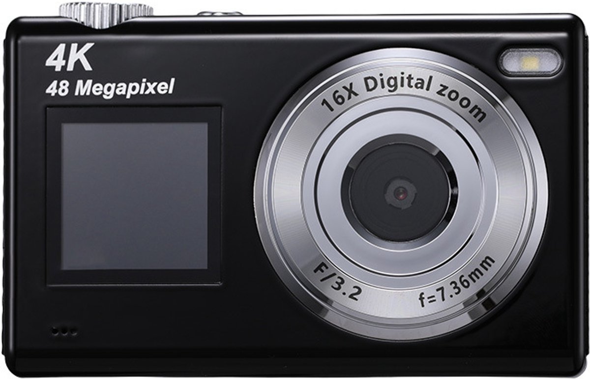 Digitale camera met dubbel scherm - Autofocus 4K 48MP Vloggingcamera Fotocamera met 32GB-kaart, compactcamera, 16x zoom, anti-shake, cadeau voor kinderen, tieners en beginners - zwart
