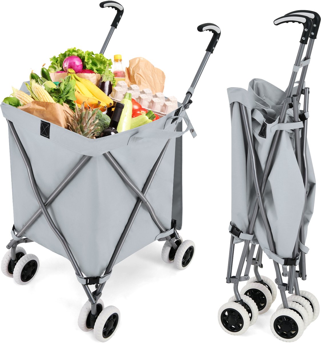 COSTWAY Opvouwbare boodschappentrolley met wielen, capaciteit 90 l / 55 kg, handwagen met afneembare Oxford-tas, winkelwagen inklapbaar, trolley tas met handvat, om te winkelen, kamperen, grijs