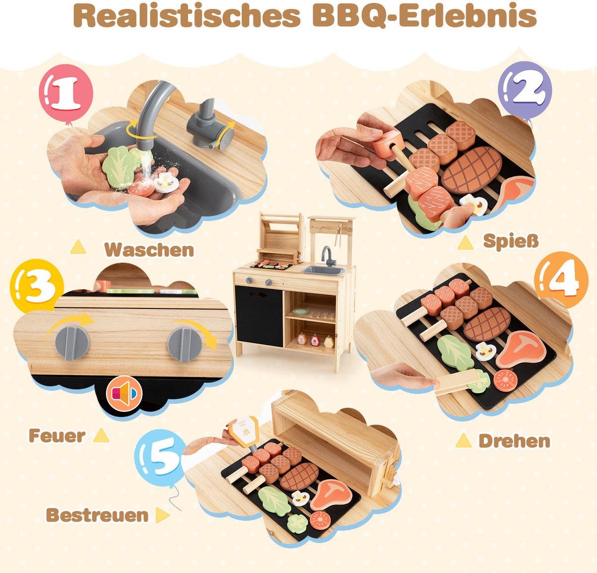 COSTWAY Modderkeuken voor kinderen, outdoor, kinderbarbecue met barbecue-accessoires, BBQ grill speelset met bord en spoelbak, speelkeuken, outdoorkeuken voor jongens en meisjes vanaf 3 jaar — afbeelding 9