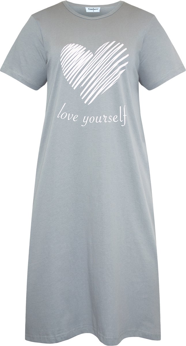 Gaubert Essential Dames Nachthemd Korte Mouw - Premium Gekamd Katoen - Love Yourself Heart - Grijs - Maat S - GB-6801