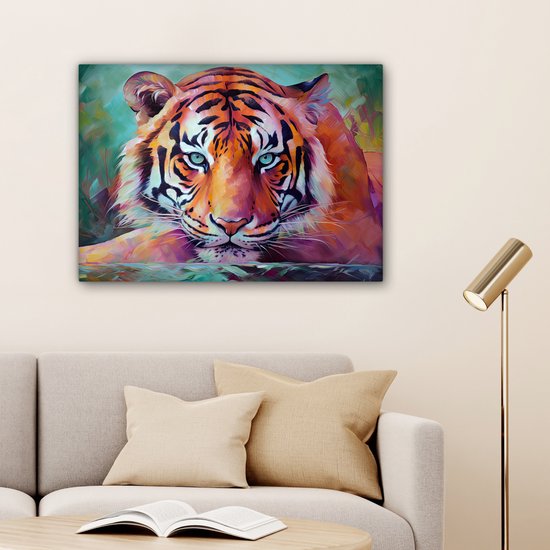 Canvas schilderij 80x60 cm - Wanddecoratie Tijger - Olieverf - Dieren - Kunst - Muurdecoratie woonkamer - Slaapkamer decoratie - Kamer accessoires - Schilderijen op canvas