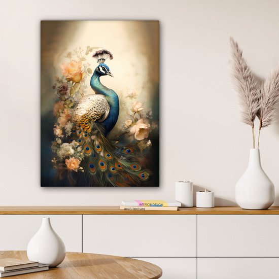 Tableau sur toile Paon - Plumes de paon - Fleurs - Vogels - Botanique - 60x80 cm - Décoration murale