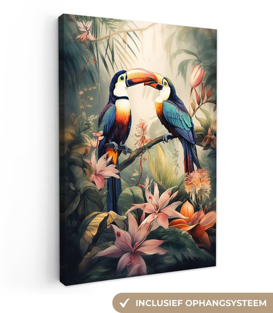 Canvas schilderij 80x120 cm - Wanddecoratie Toekan - Vogels - Bloemen - Natuur - Jungle - Muurdecoratie woonkamer - Slaapkamer decoratie - Kamer accessoires - Schilderijen op canvas