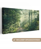 Canvas schilderij 300x140 cm - Wanddecoratie Bos - Pad - Zon - Bomen - Groen - Natuur - Muurdecoratie woonkamer - Slaapkamer decoratie - Kamer accessoires - Schilderijen op canvas
