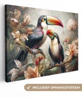 Tableau sur toile 120x90 cm - Décoration murale Toucan - Vogels - Fleurs - Jungle - Décoration murale salon - Décoration chambre - Accessoires chambre - Peintures