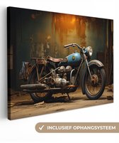 Tableau toile Vintage - Moto - Blauw - Ancien - Garage - 80x60 cm - Décoration murale