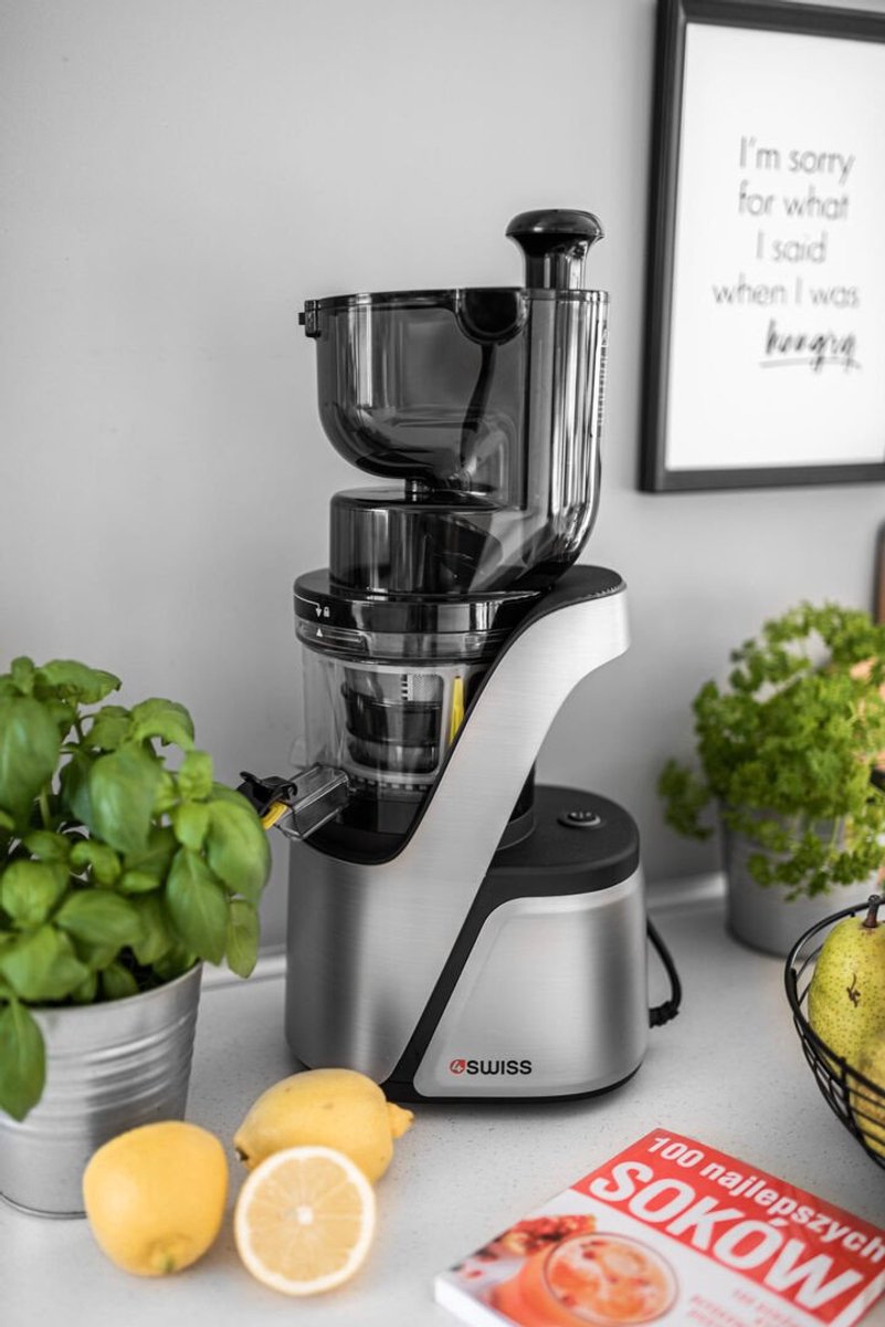 4SWISS Slow Juicer Swan BM105 Platinium Silver, Aantrekkelijk ontwerp, 400 W, 32 tpm, Reverse-functie, XXL-opening thumbnail 5