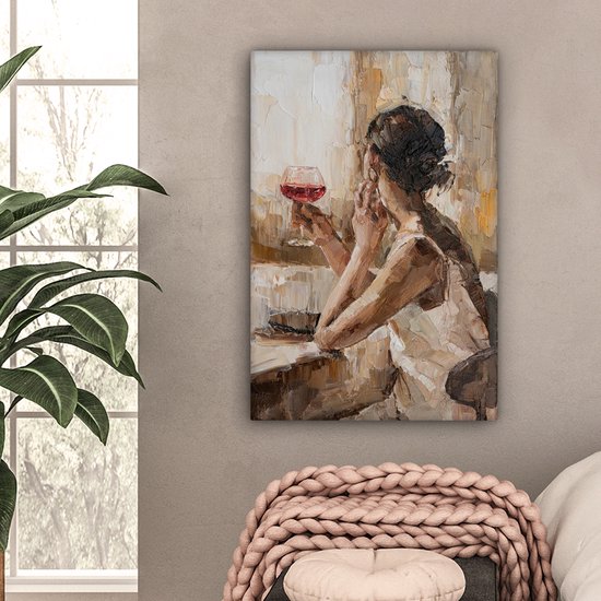 Tableau Peinture sur Toile - Femme - Vin - Peinture à l'Huile - 40x60 cm - Décoration murale