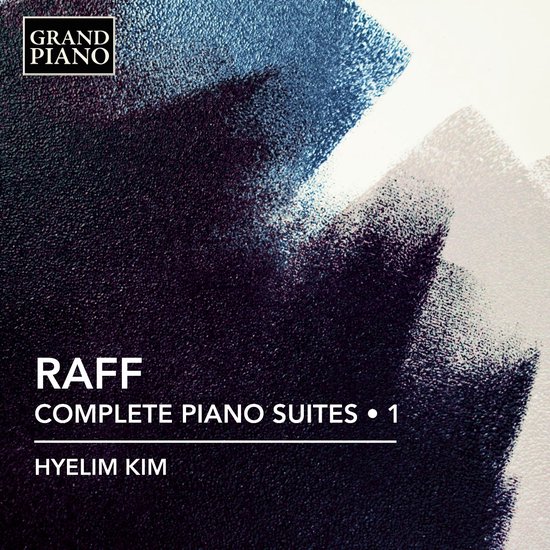 Albumhoes met abstracte, donkere penseelstreken in blauw en paars op een witte achtergrond. Titel: RAFF COMPLETE PIANO SUITES • 1 HYELIM KIM