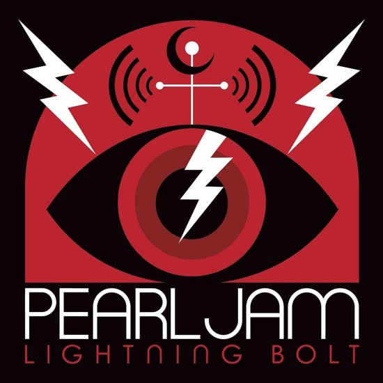 Artwork van de Pearl Jam 'Lightning Bolt' LP: een rood-zwart oog met bliksemschichten, symbolen en de tekst PEARL JAM LIGHTNING BOLT.