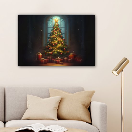 Canvas schilderij 60x40 cm - Wanddecoratie Kerstboom - Cadeau - Kerst - Winter - Muurdecoratie woonkamer - Slaapkamer decoratie - Kamer accessoires - Schilderijen op canvas - Kerstdecoratie voor binnen - Kerstversiering - Kerstmis versiering