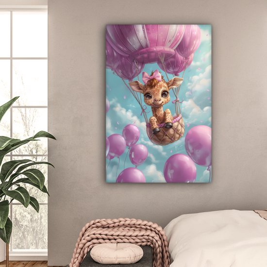 Peinture sur toile 80x120 cm - Décoration murale chambre enfant Montgolfière - Girafe - Ballon - Nuages ​​- Violet - Décoration murale murale chambre bébé - Décoration chambre garçon et fille - Accessoires Bébé - Peintures