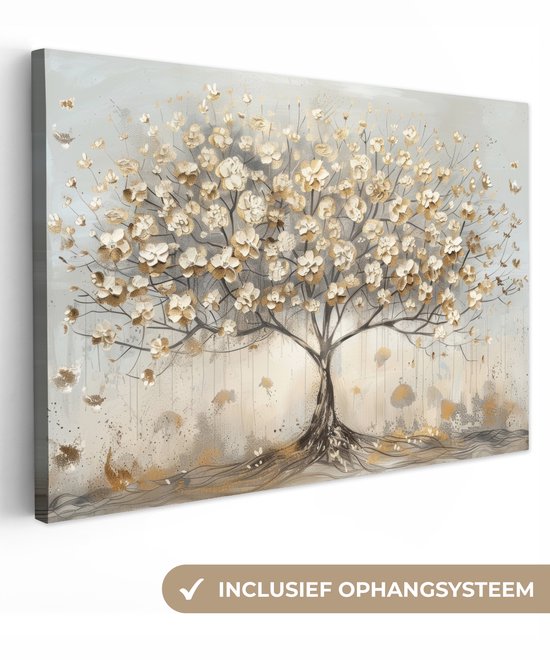 Canvas schilderij 140x90 cm - Wanddecoratie Boom - Beige - Goud - Verflook - Grijs - Muurdecoratie woonkamer - Slaapkamer decoratie - Kamer accessoires - Schilderijen op canvas