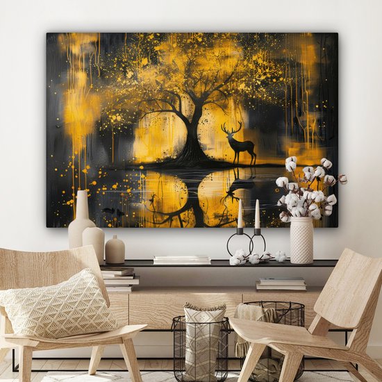 Peinture sur toile 150x100 cm - Décoration murale Arbre - Aspect peinture - Cerf - Nature - Or - Décoration murale murale salon - Décoration chambre - Accessoires de chambre - Peintures