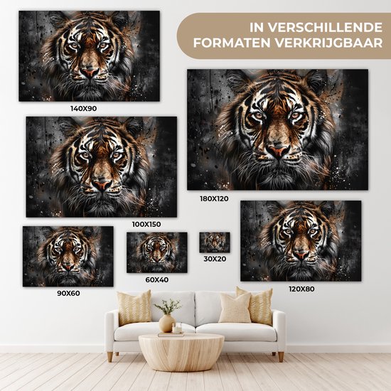 Un portrait de tigre sur toile est disponible en différentes tailles.