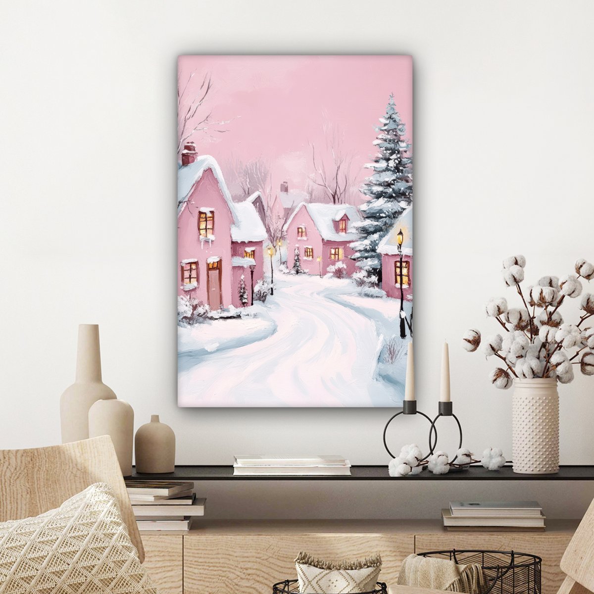 Canvas schilderij 60x90 cm - Wanddecoratie Kerstdorp - Roze - Winter - Sneeuw - Huizen - Muurdecoratie woonkamer - Slaapkamer decoratie - Kamer accessoires - Schilderijen op canvas - Kerstdecoratie voor binnen - Kerstversiering - Kerstmis versiering – foto 7