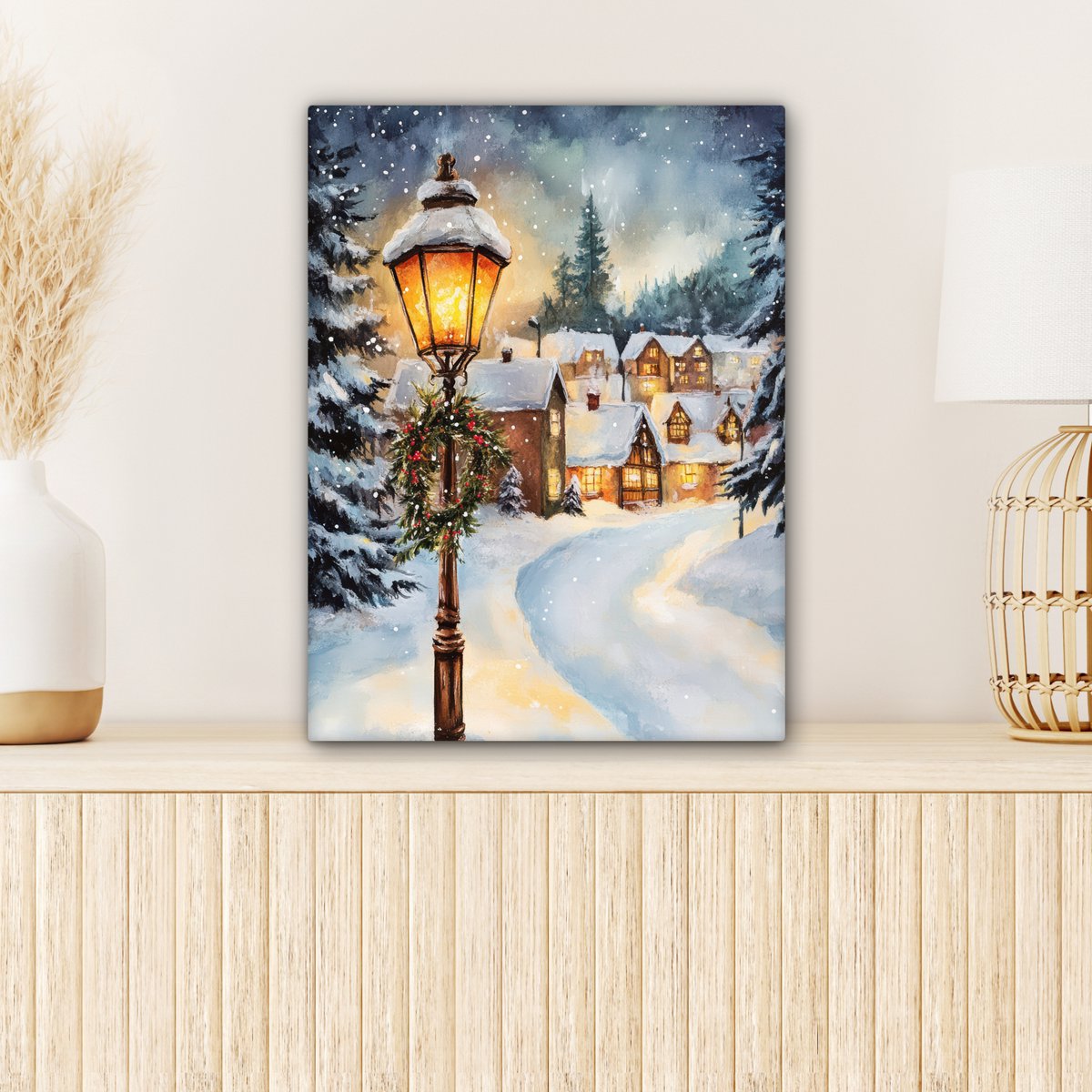 Canvas schilderij 30x40 cm - Wanddecoratie Kerstdorp - Huizen - Sneeuw - Kerst - Muurdecoratie woonkamer - Slaapkamer decoratie - Kamer accessoires - Schilderijen op canvas - Kerstdecoratie voor binnen - Kerstversiering - Kerstmis versiering – foto 2