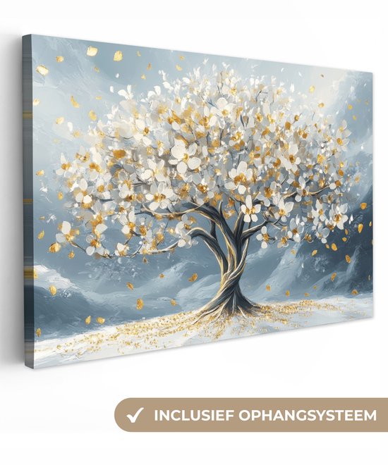 Canvas schilderij 120x80 cm - Wanddecoratie Boom - Winter - Levensboom - Modern - Goud - Muurdecoratie woonkamer - Slaapkamer decoratie - Kamer accessoires - Schilderijen op canvas