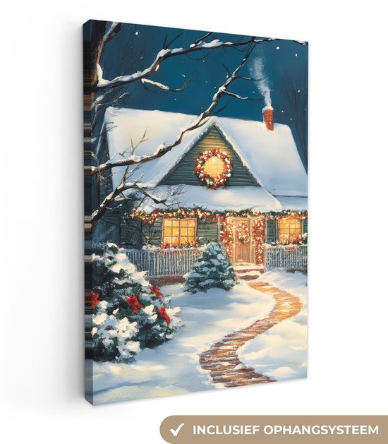 Canvas schilderij 40x60 cm - Wanddecoratie Kerst - Kerstboom - Winter - Huis - Sneeuw - Muurdecoratie woonkamer - Slaapkamer decoratie - Kamer accessoires - Schilderijen op canvas - Kerstdecoratie voor binnen - Kerstversiering - Kerstmis versiering
