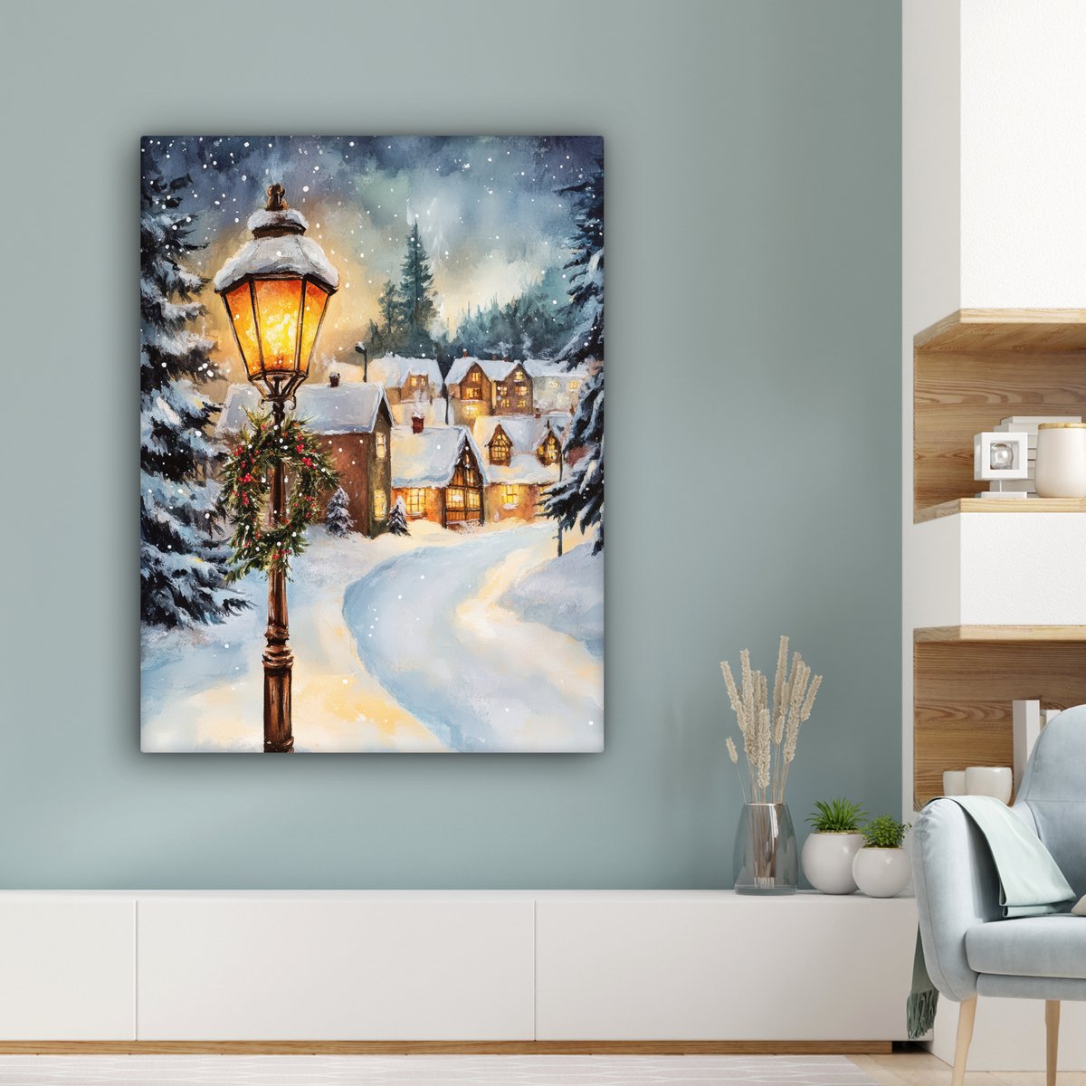 Canvas schilderij 90x120 cm - Wanddecoratie Kerstdorp - Huizen - Sneeuw - Kerst - Muurdecoratie woonkamer - Slaapkamer decoratie - Kamer accessoires - Schilderijen op canvas - Kerstdecoratie voor binnen - Kerstversiering - Kerstmis versiering – foto 3