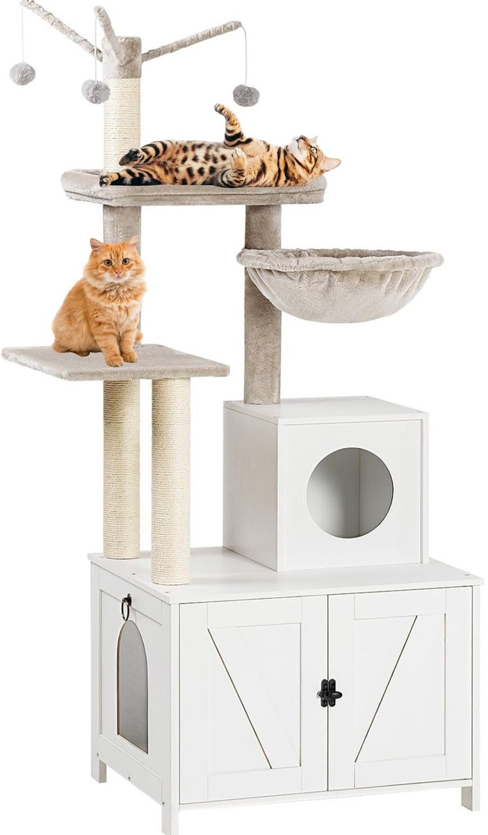 Signature Home Krabpaal - Krabpaal met kattenbak- kattenhuis Kattenboom - Kattenboomkast - Wit Beige - 48x60x150 cm
